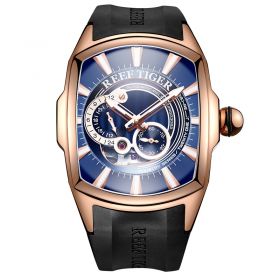  Aurora III Tank 5  Automatic Watch Rose Gold Case Blue Dial Rubber Strap 