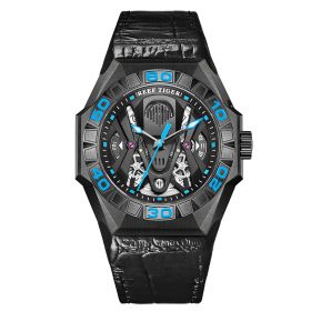 Aurora Black Shark Limited Edition All Black Automatic Mechanical Skeleton Leather Strap Watch RGA6912-BBL