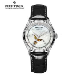 Love Angel White MOP Dial Black Leather Strap Stainless Steel Watch
