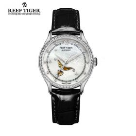 Love Angel White MOP Dial Diamonds Bezel Black Leather Stainless Steel Watch
