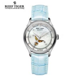Love Angel White MOP Dial Sky Blue Leather Strap Stainless Steel Watch