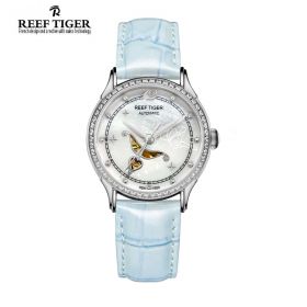 Love Angel White MOP Dial Diamonds Bezel Sky Blue Leather Steel Watch