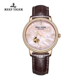 Love Melody Pink Dial Rose Gold Bezel Brown Leather Rose Gold Watch