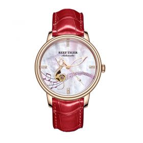 Love Melody Rose Gold Pink Dial Red Leather Stick Markers Automatic Watch