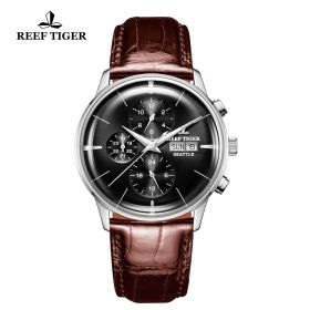 Seattle Chief Black Dial Steel Brown Leather Automatic Watch