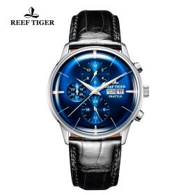 Seattle Chief Blue Dial Steel Black Leather Automatic Watch
