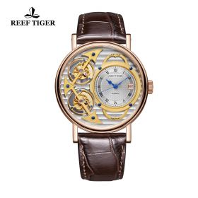Artist Magician Skeleton Dial Rose Gold Case Leather Strap Automatic Watch