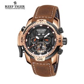 Aurora Transformer Black Dial Brown Leather Rose Gold Case Complicated Watches RGA3532-PBRO
