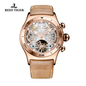 Aurora Air Bubble Rose Gold Skeleton Dial Brown Leather Strap Watch