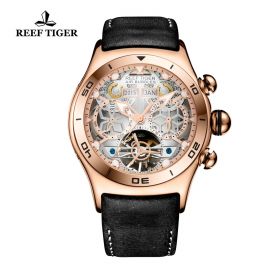 Aurora Air Bubble Rose Gold Skeleton Dial Black Leather Strap Watch
