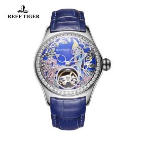 Aurora Parrot Steel Diamonds Blue Dial Blue Leather Strap Watch