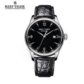 Classic Heritage Black Dial Stainless Steel Alligator Leather Strap Mens Watch